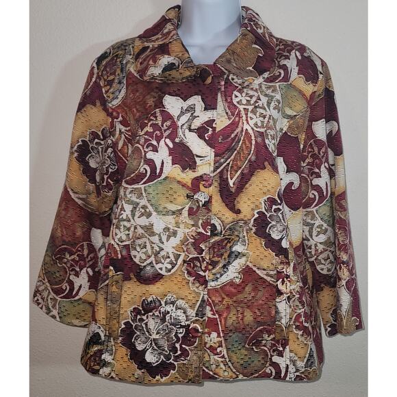 Chico's Yellow Brown Floral Print Button Front Women's Blazer 2 M 12/14 Pockets - Picture 1 of 6